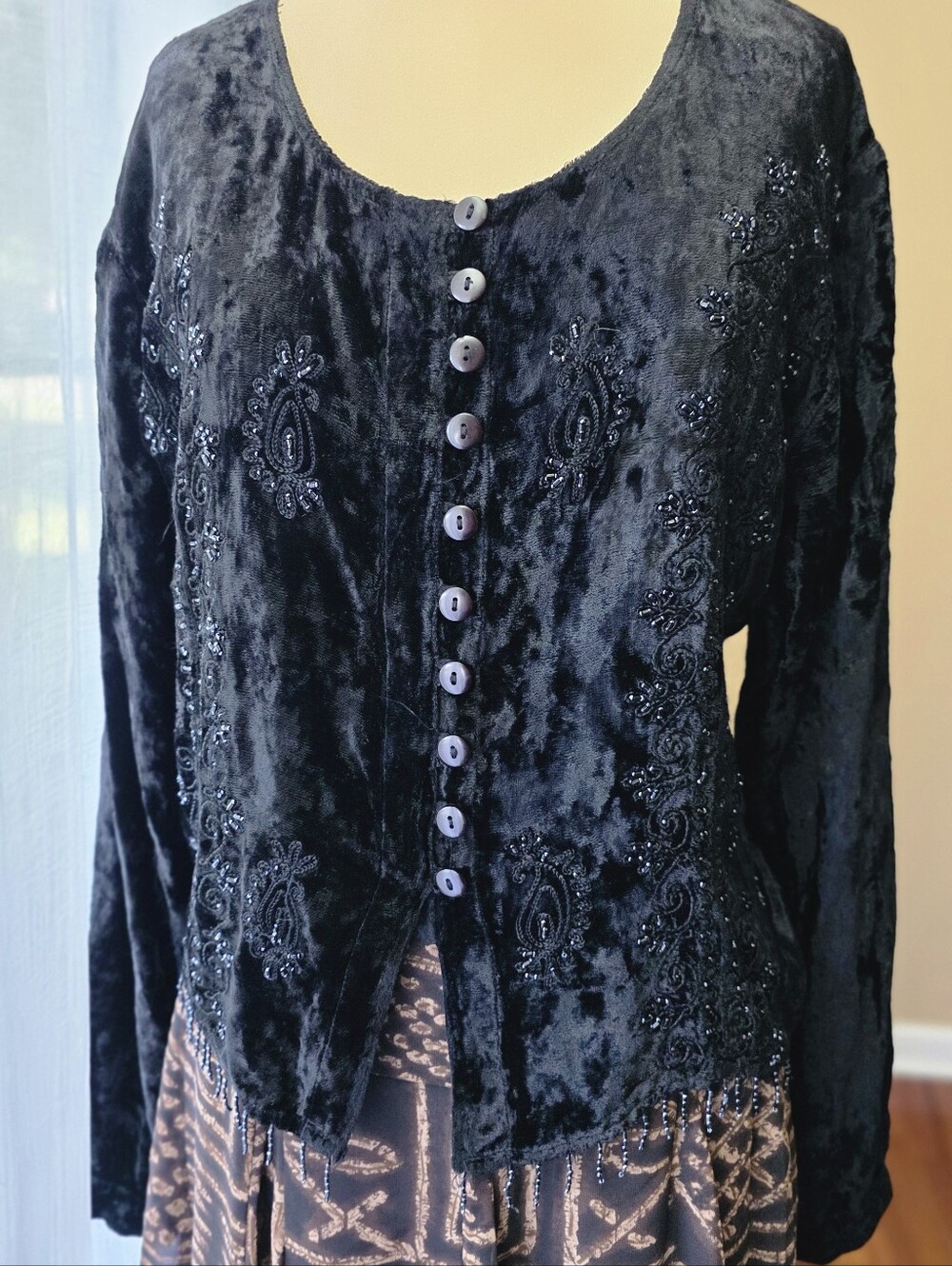 Vintage Citrine Black Crushed Velvet Beaded Cardigan 12 Whimsigoth Y2K Gothic